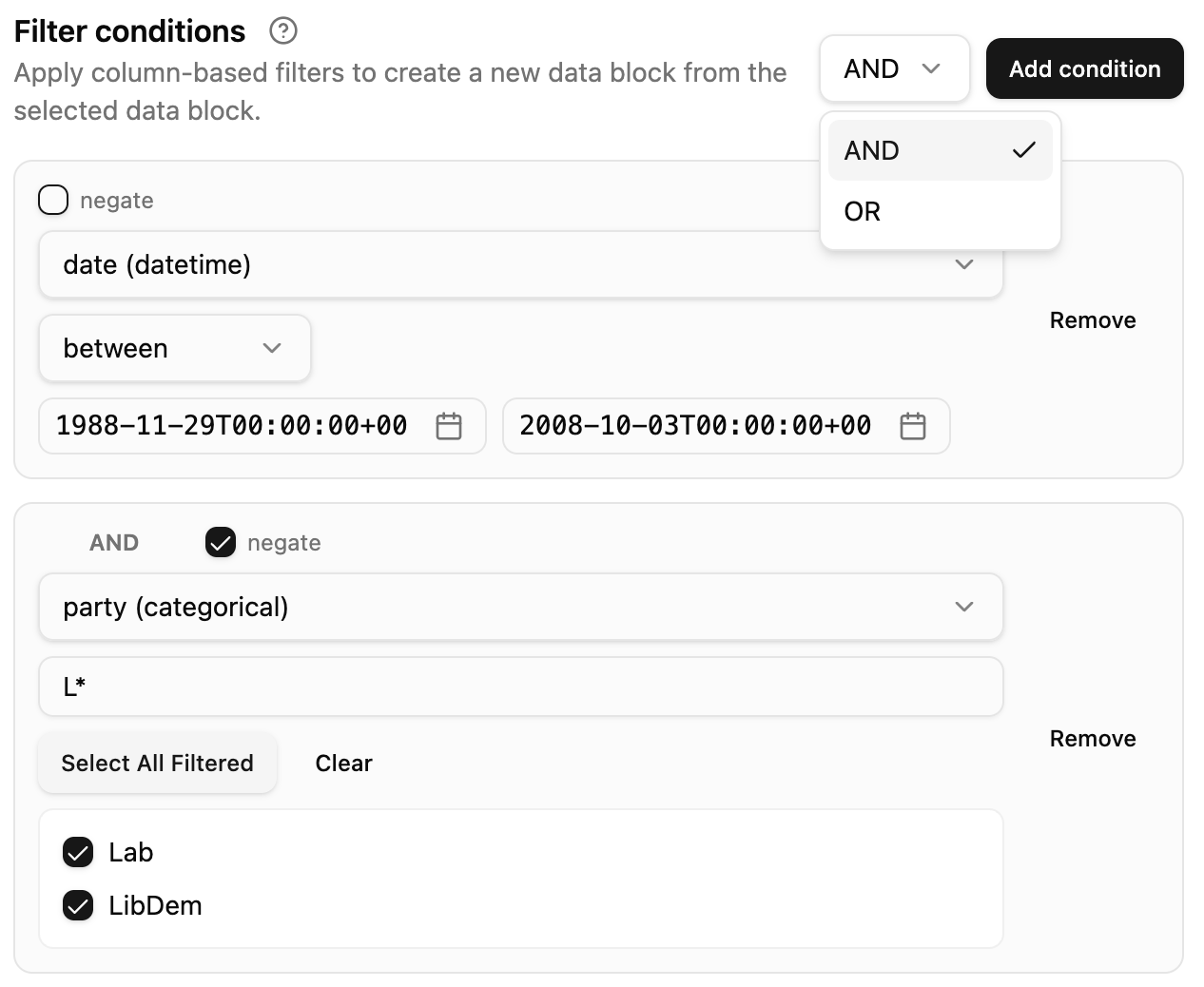 Filter conditions screenshot