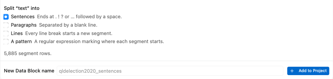 Segment choices for the text column, with Sentences selected