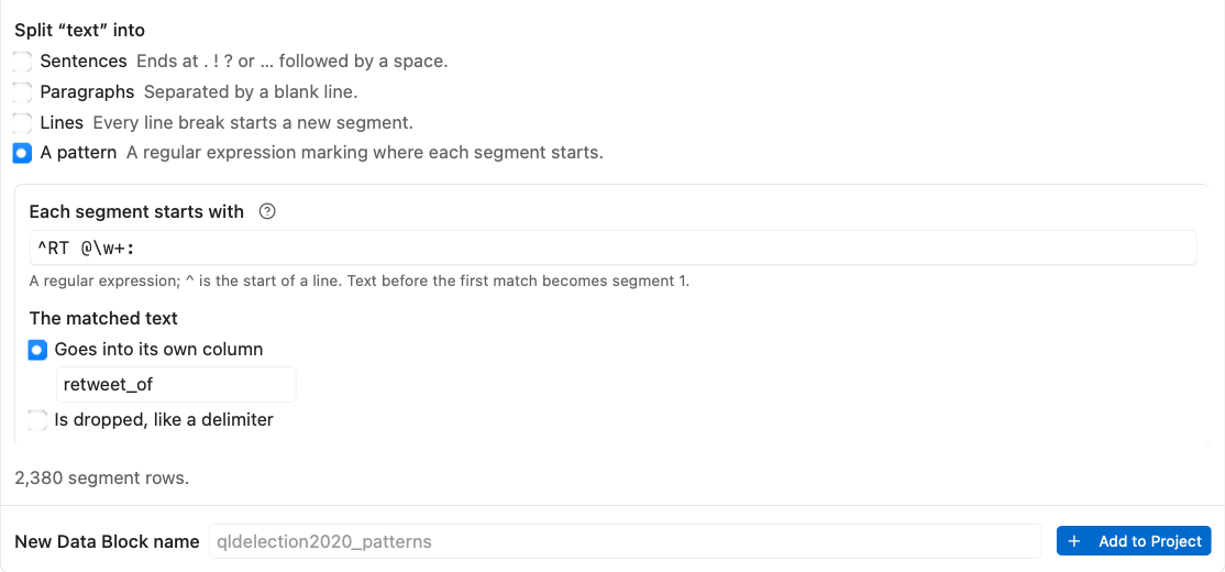 Segment with a pattern whose matched text goes into its own column