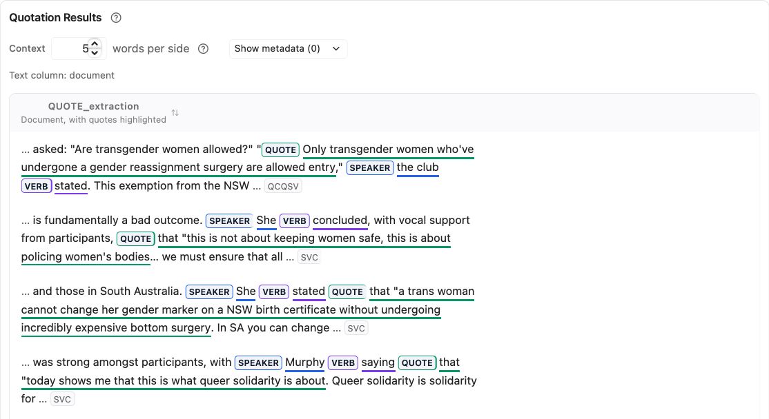 Quotation Preview: each row marks the speaker, verb, and quote, with its quote type at the end