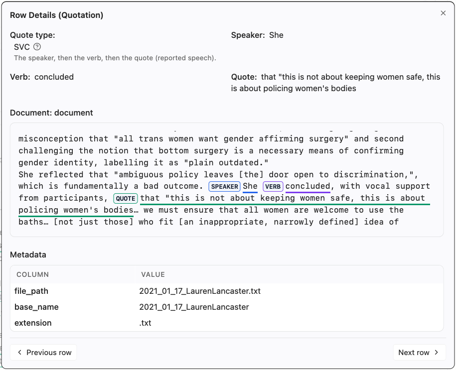 Row Details for a quotation: quote type, speaker, verb, quote, and the document scrolled to the quote