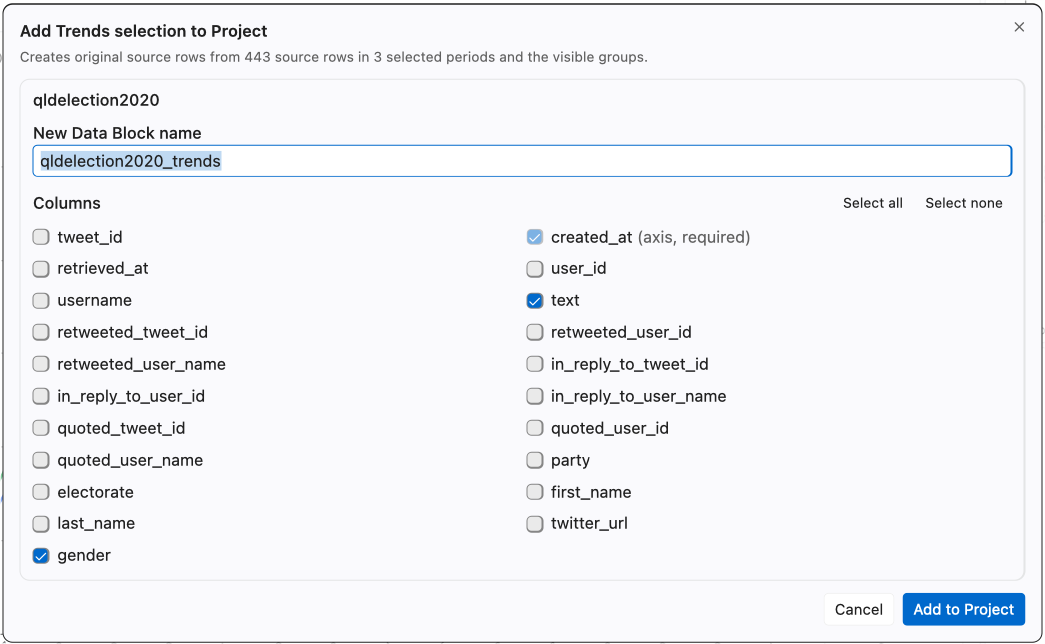 Add Trends selection to Project dialog