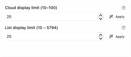 Cloud and List display limits, each with an Apply button