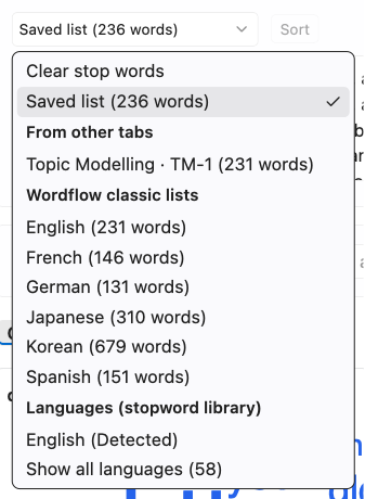 The stop words dropdown, with lists from other tabs, the classic lists, and the detected language