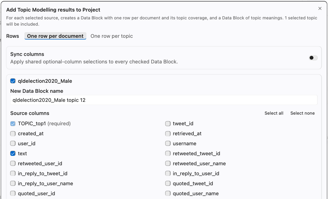 Add Topic Modelling results to Project, with the Rows choice at the top