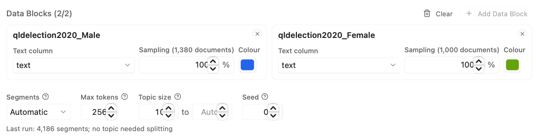 Two Data Block cards with sampling, and the model settings below them