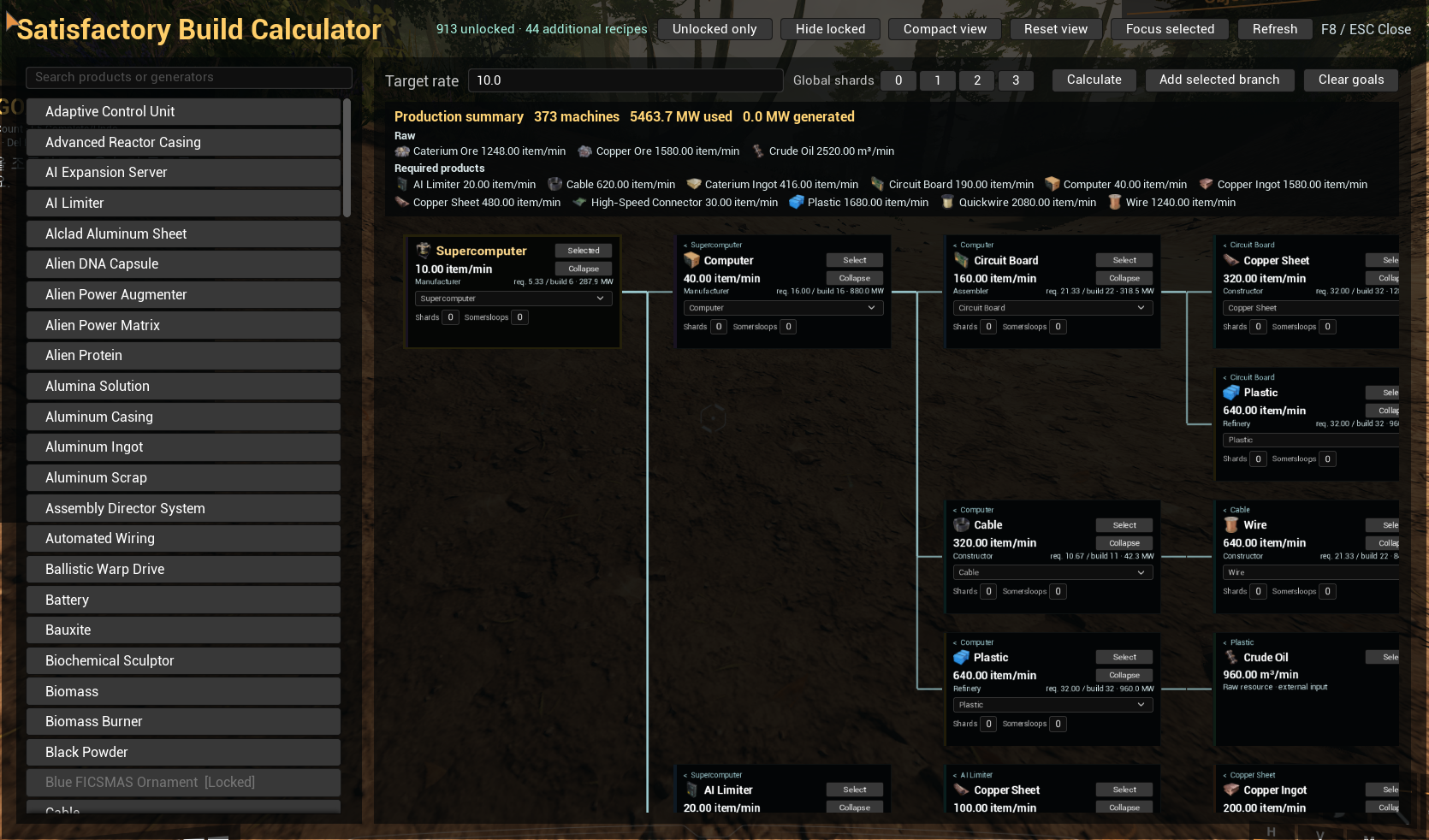 Production calculator showing a connected production chain