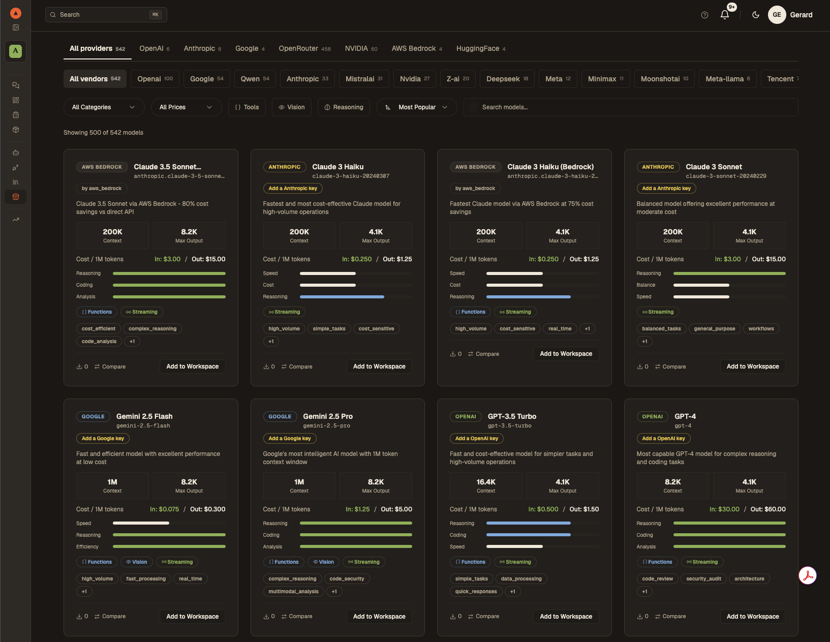 Marketplace — LLM routes per provider