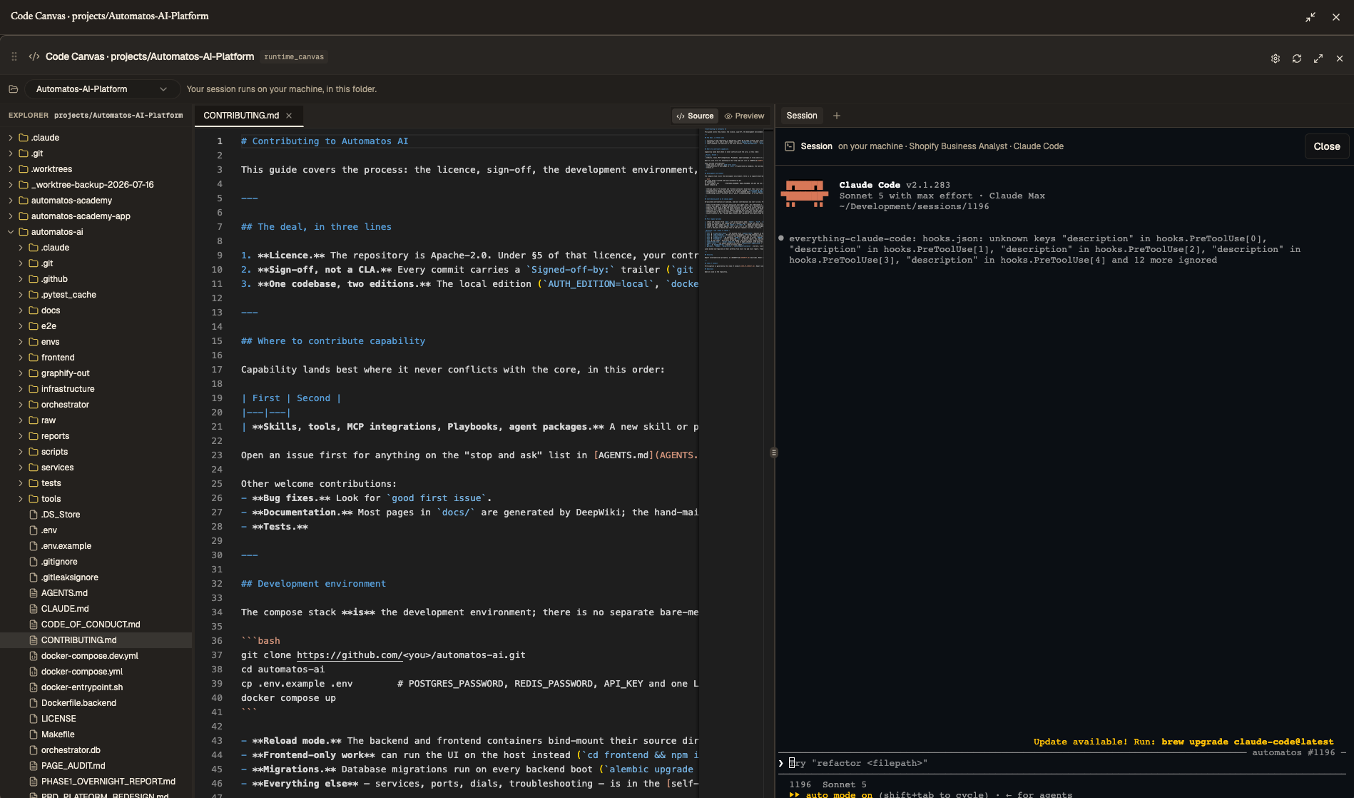 Runtime Canvas — the agent's own Claude Code session beside its files