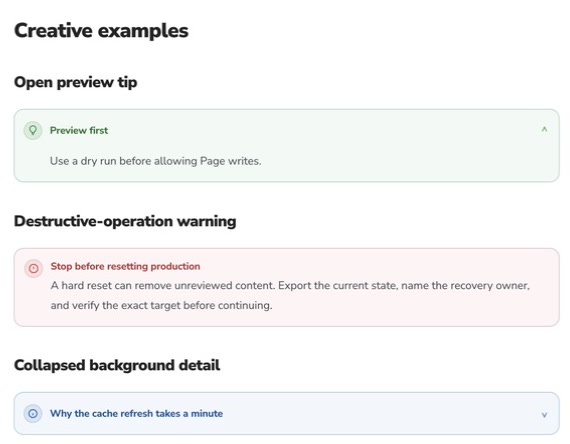 Published WordPress callout examples showing tip, danger, and collapsed note styles