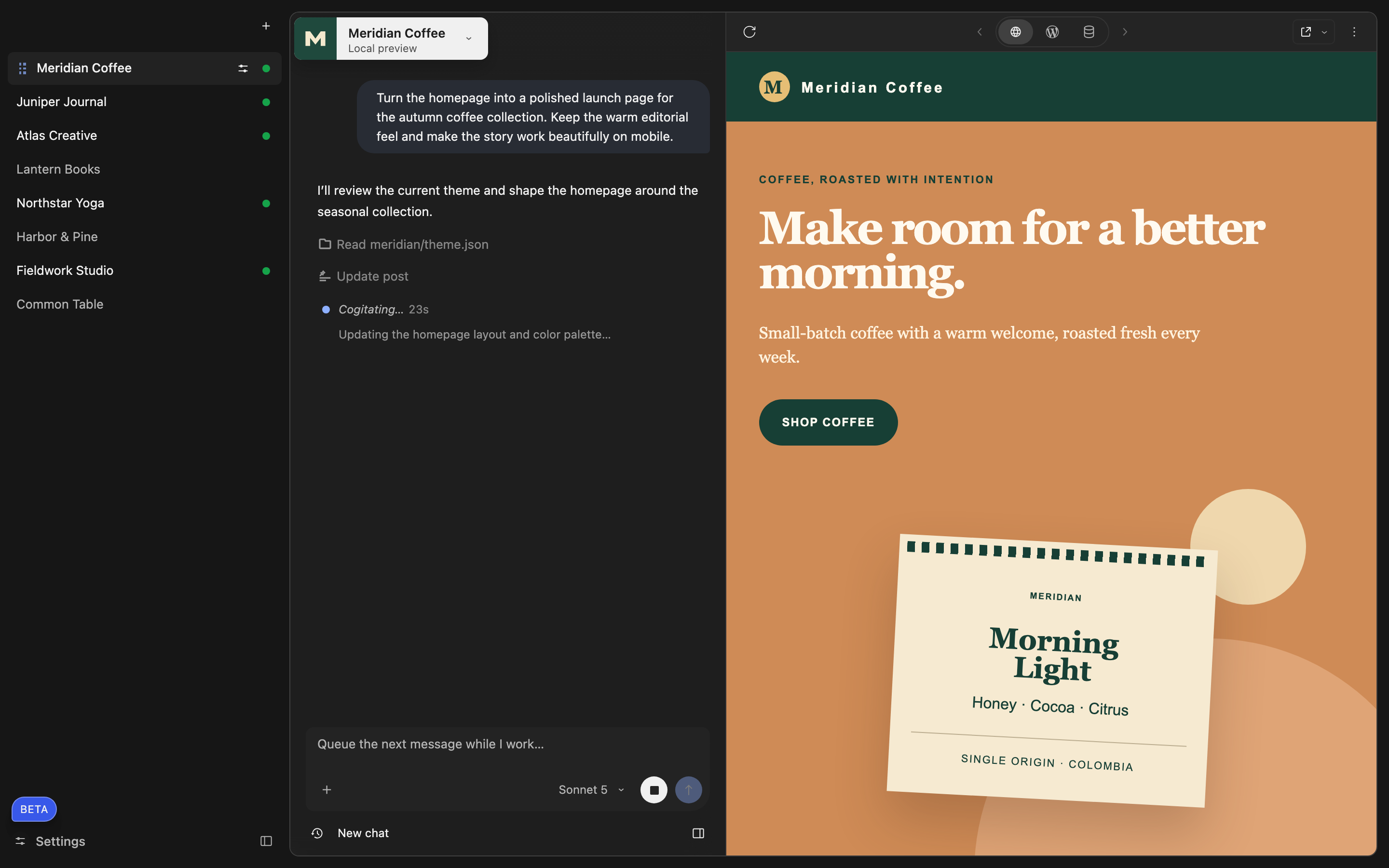 Studio agent working beside a wide site preview in dark mode