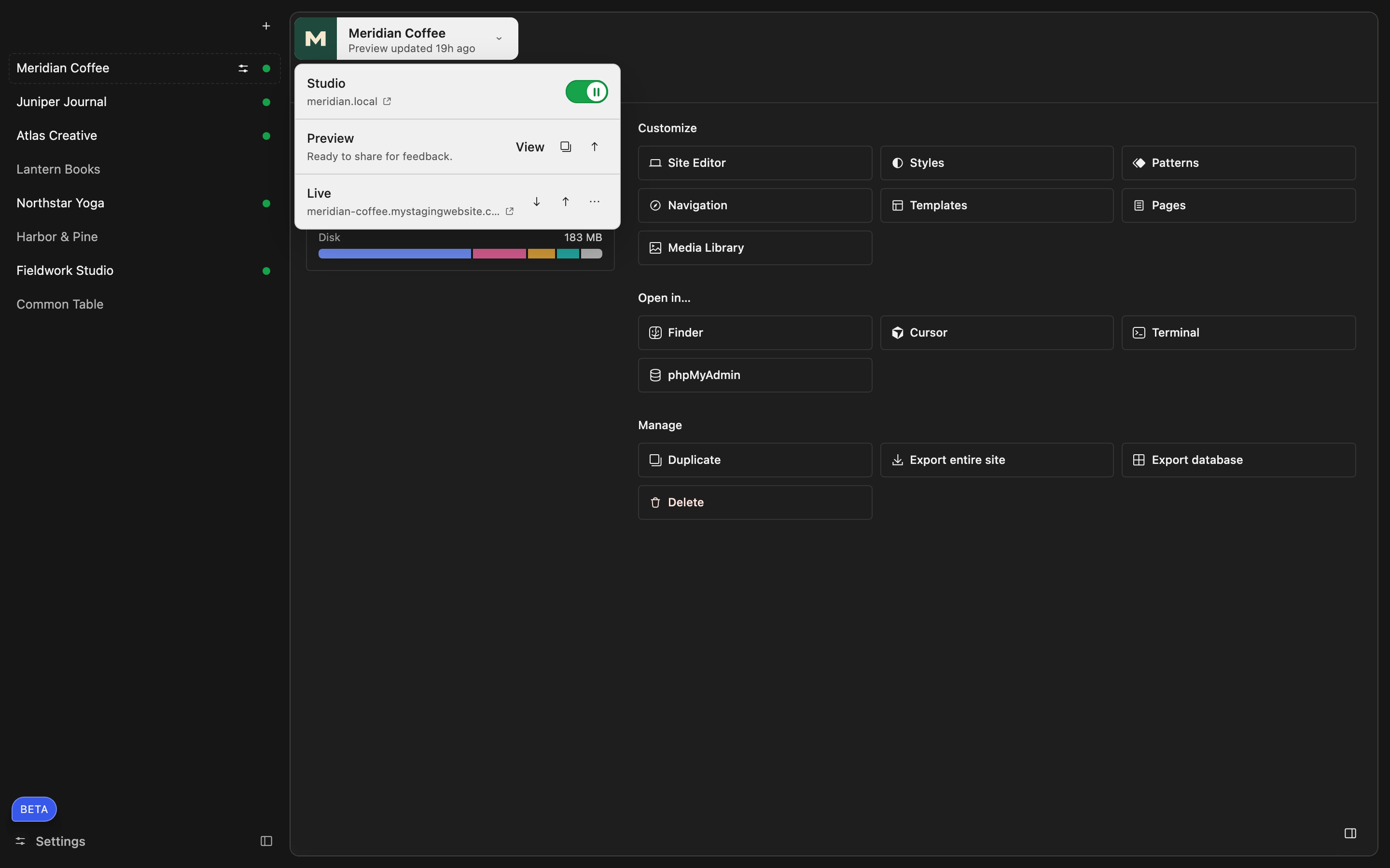 Studio connected-site controls in dark mode