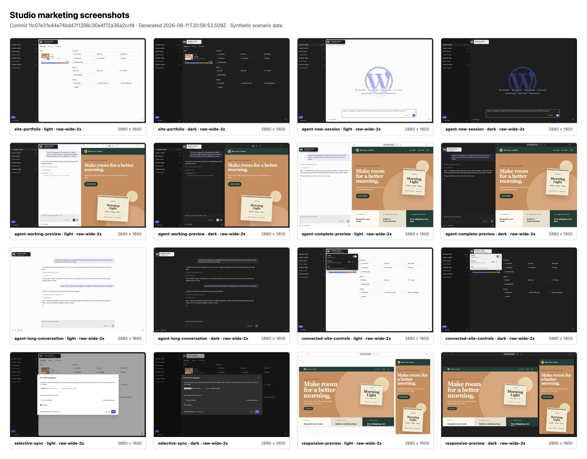 Contact sheet showing 16 Studio marketing screenshots across eight scenarios in light and dark modes
