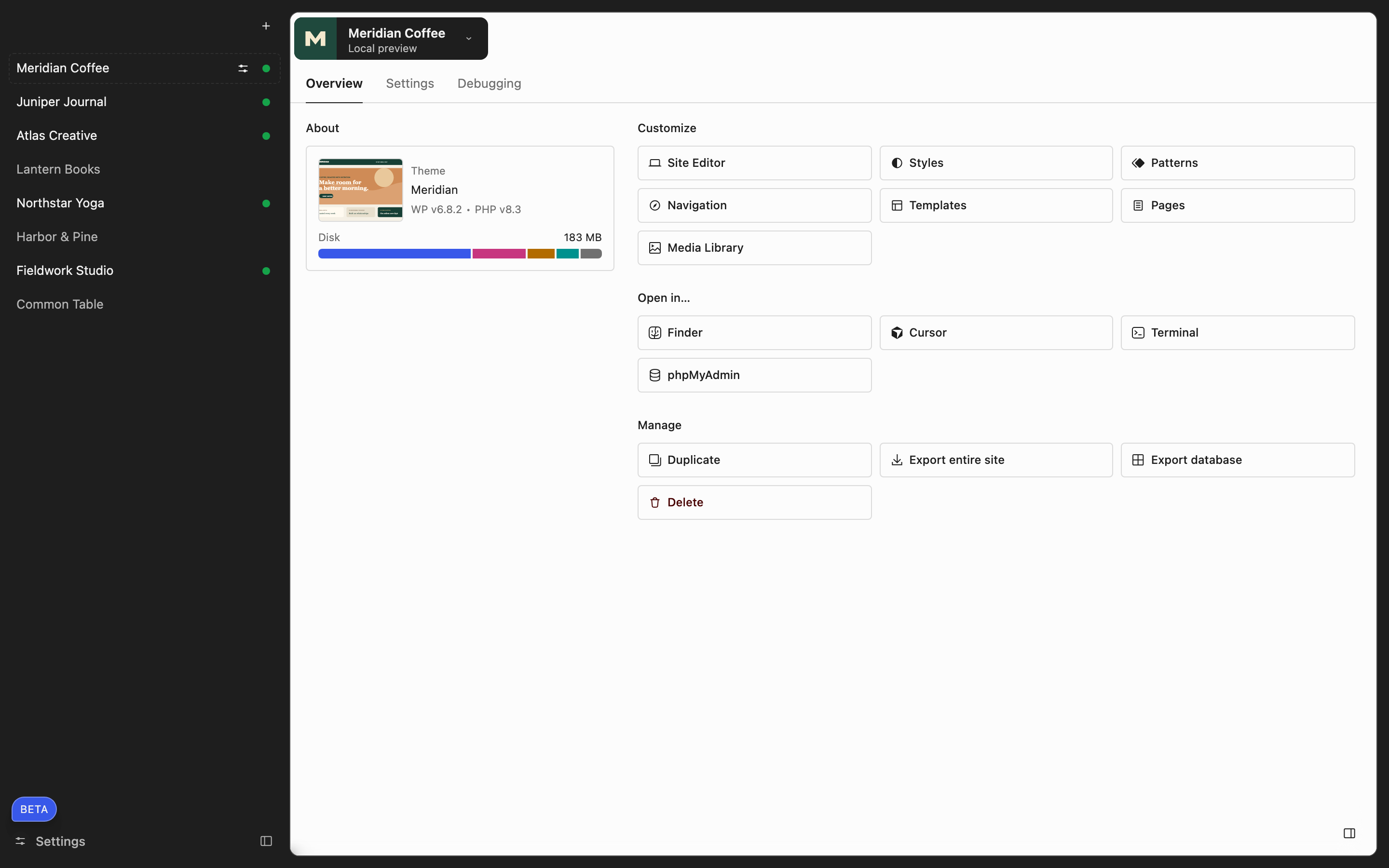 Studio multi-site overview in light mode