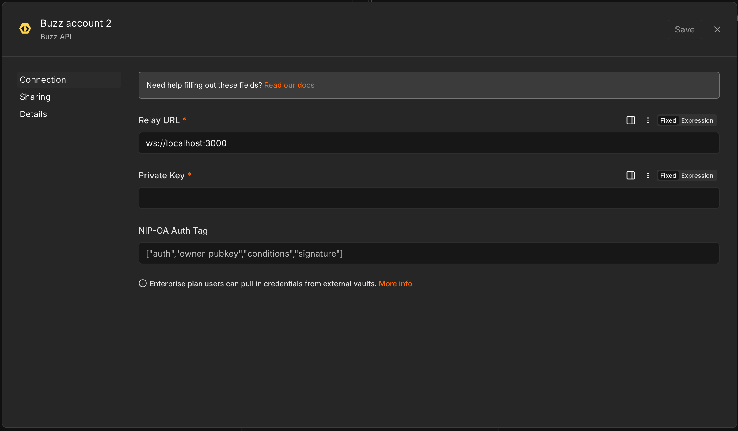 Buzz API credential fields in n8n