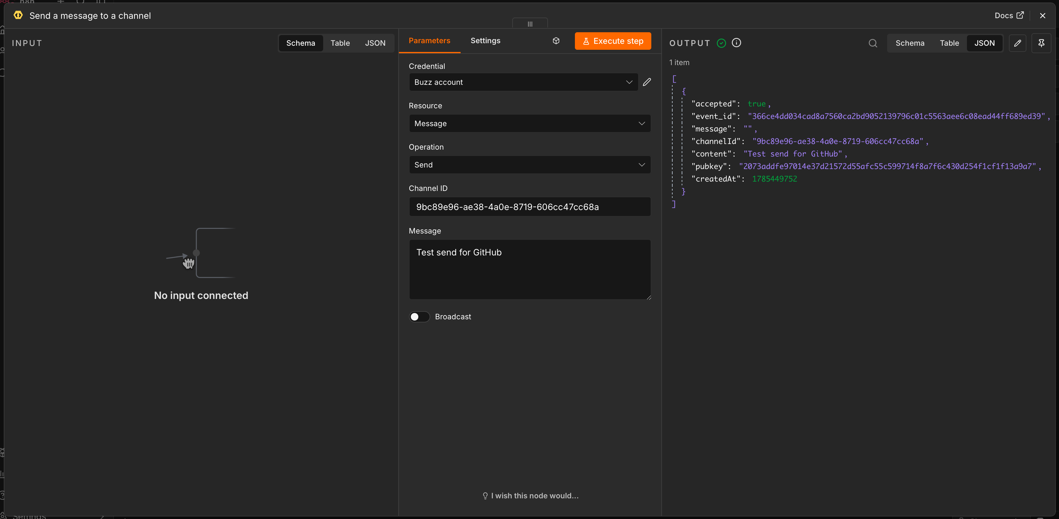 A successful Buzz message execution in n8n