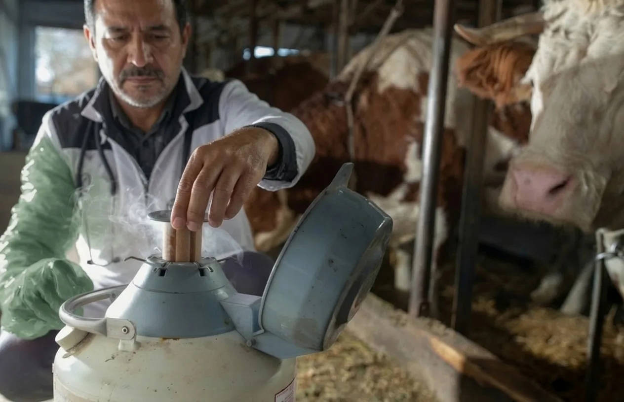 technician thawing semen straw water bath brazil field avare biotech
