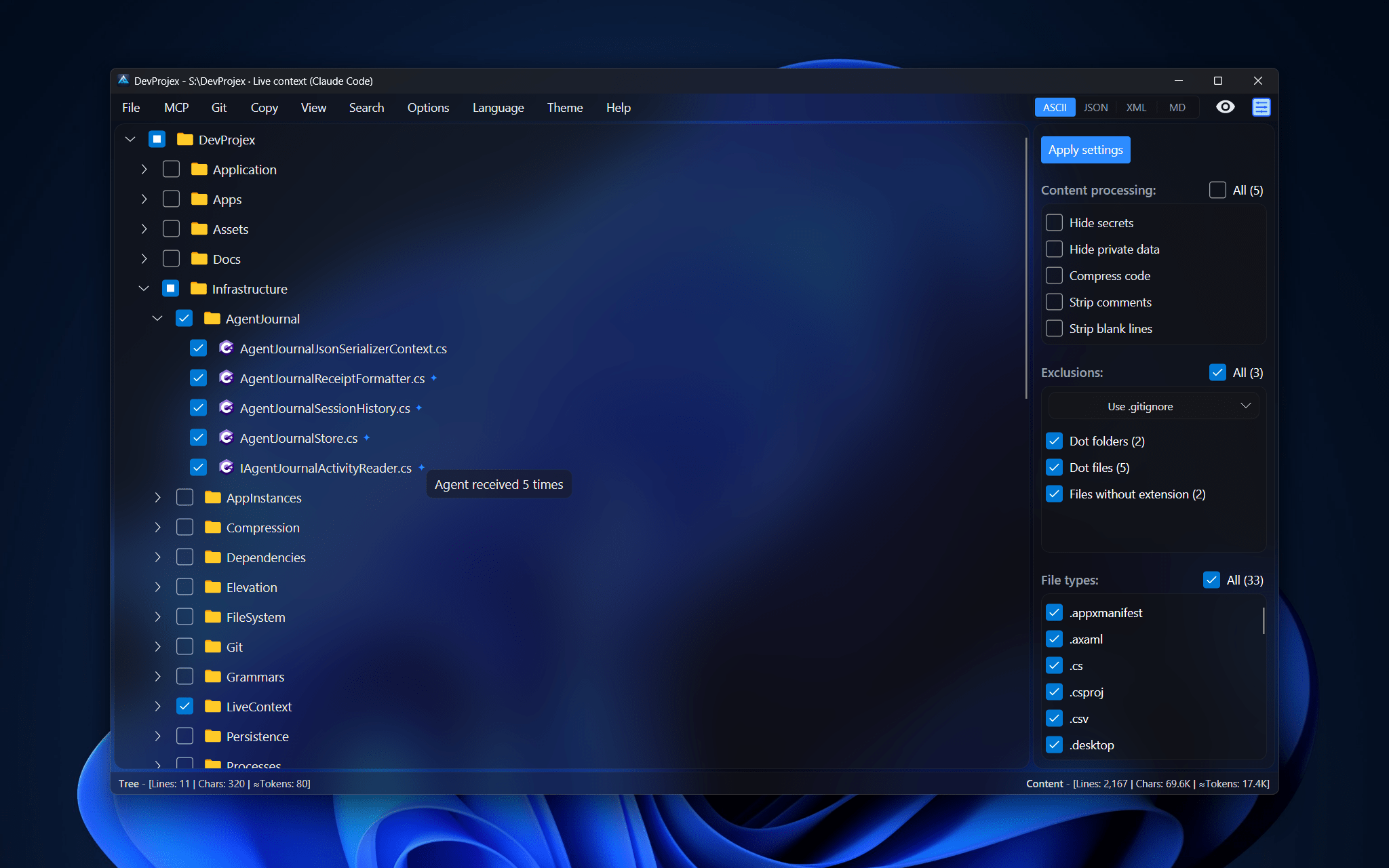 Live Context: the DevProjex window title shows the connected Claude Code session, the ticked files are the agent's focus, and a tooltip on a received file reads "Agent received 5 times"