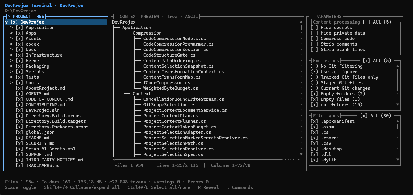 DevProjex Terminal Workspace: the project tree with checkboxes, the context preview, and the parameters panel with content processing, exclusions, and file types