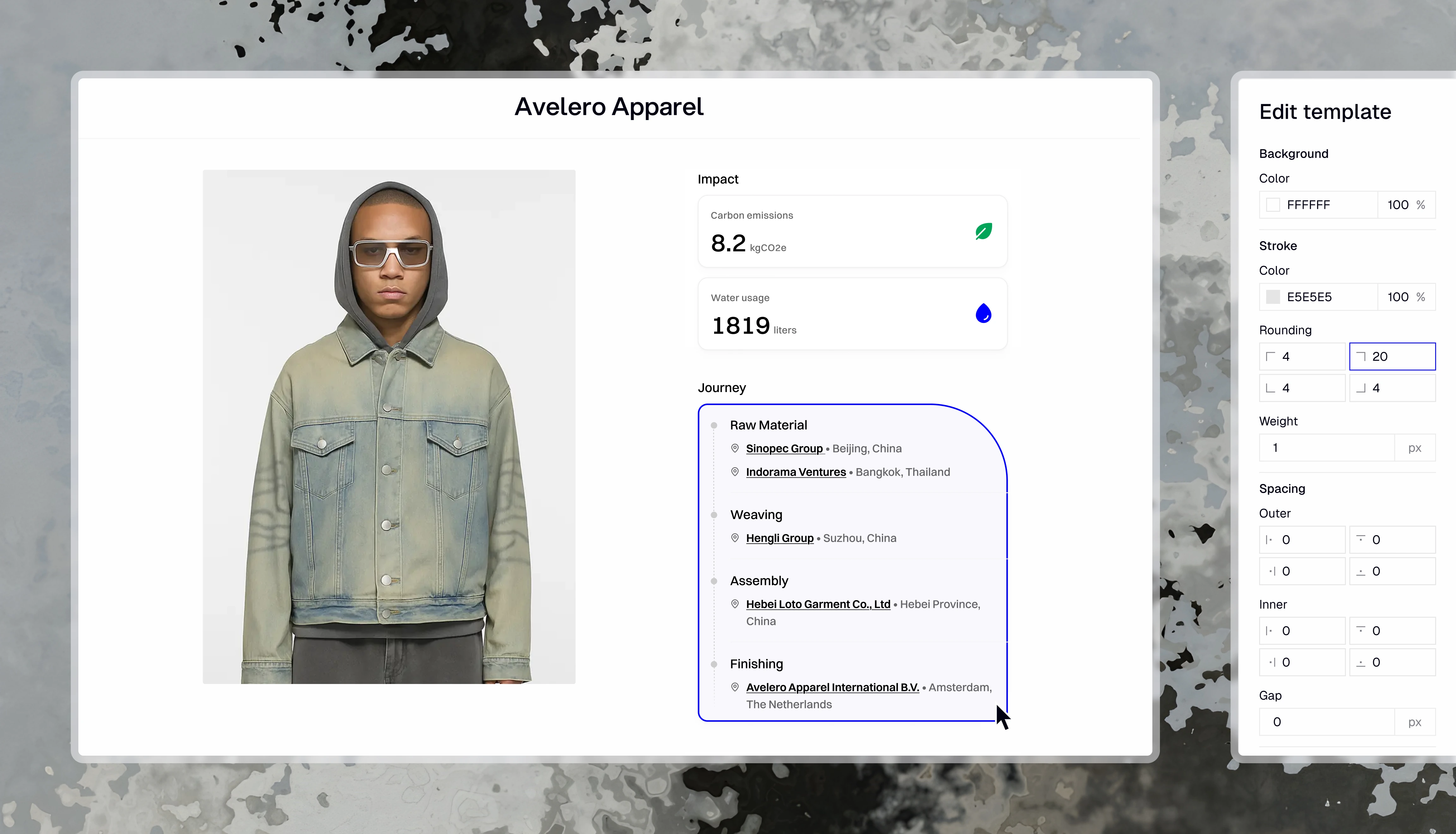 The Avelero passport designer: a live passport preview with carbon and water impact and the supplier journey, next to the template editor