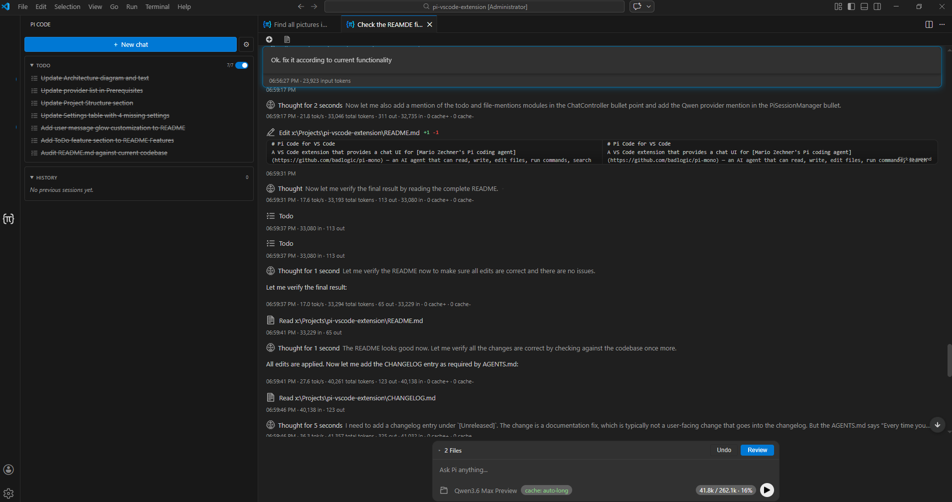 Pi Code in action — chat panel as an editor tab, with launcher sidebar, ToDo list, inline tool calls and diffs