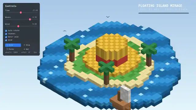 FLOATING ISLAND MIRAGE: a voxel diorama with a floating island, a giant straw hat, palms and a sailboat, orbited by the camera