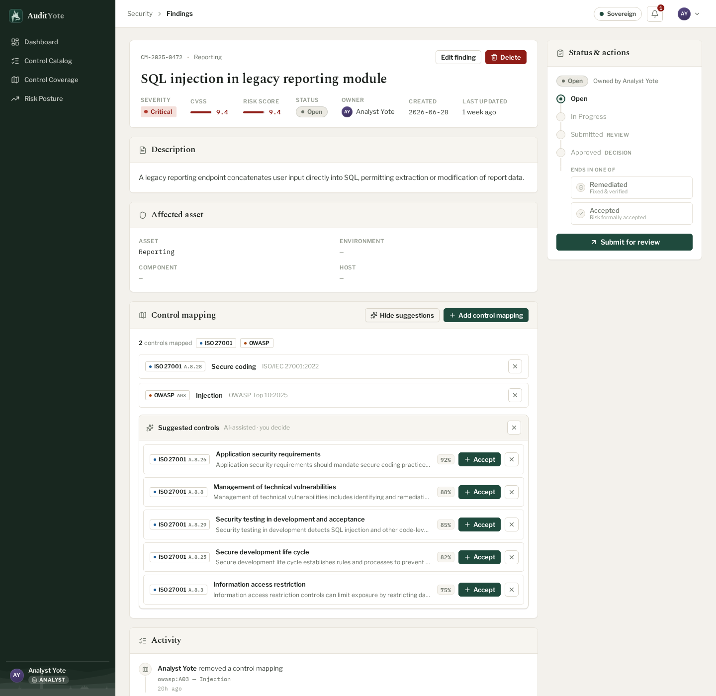 A finding's detail page with the AI suggestion panel open: on a SQL-injection finding that already has two controls mapped, Claude proposes five more ISO 27001 controls, each with a confidence score from 92 down to 75 percent, a one-line rationale, and an accept button