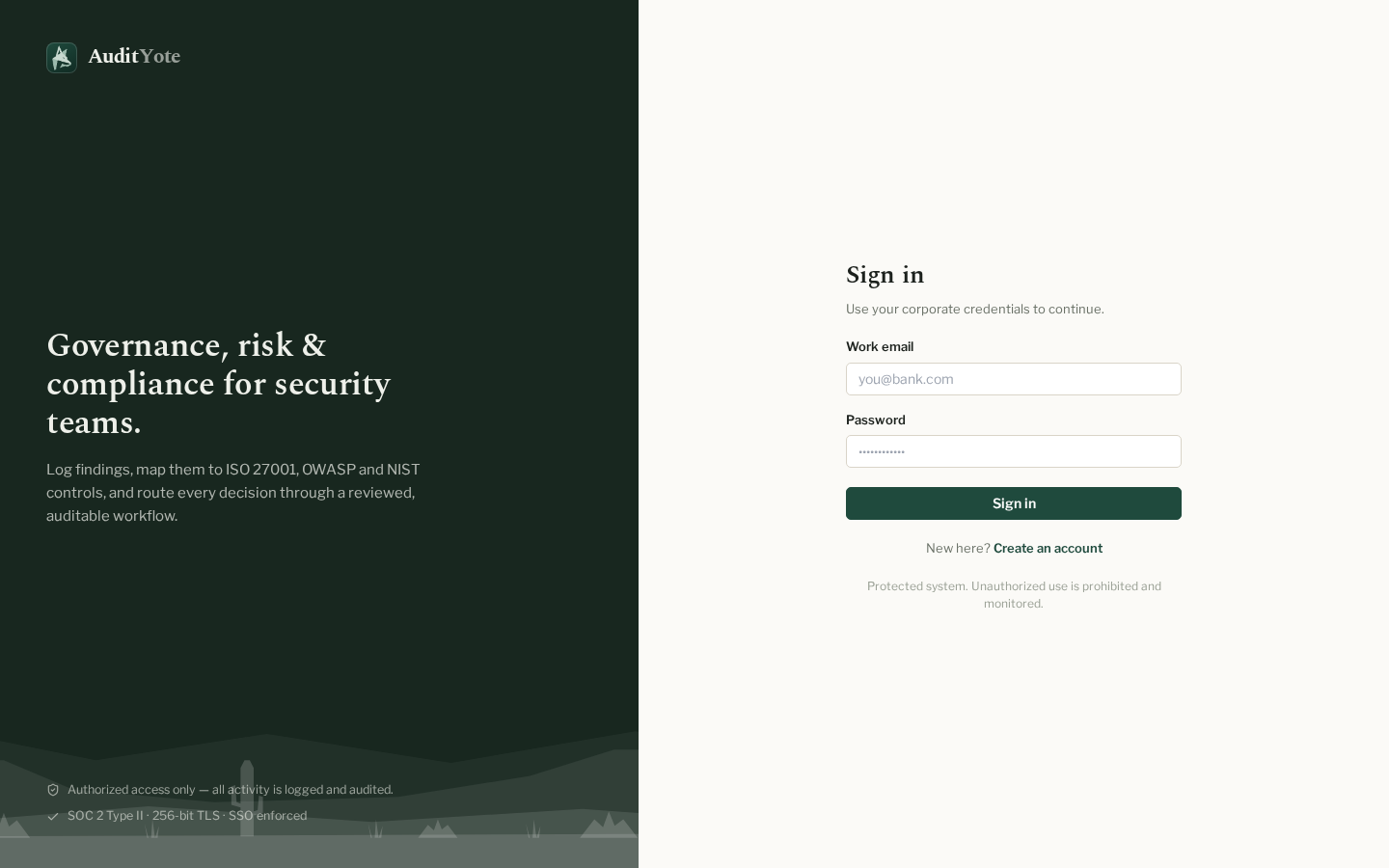 AuditYote sign-in screen: a forest-green brand panel with the product's value proposition beside the sign-in form