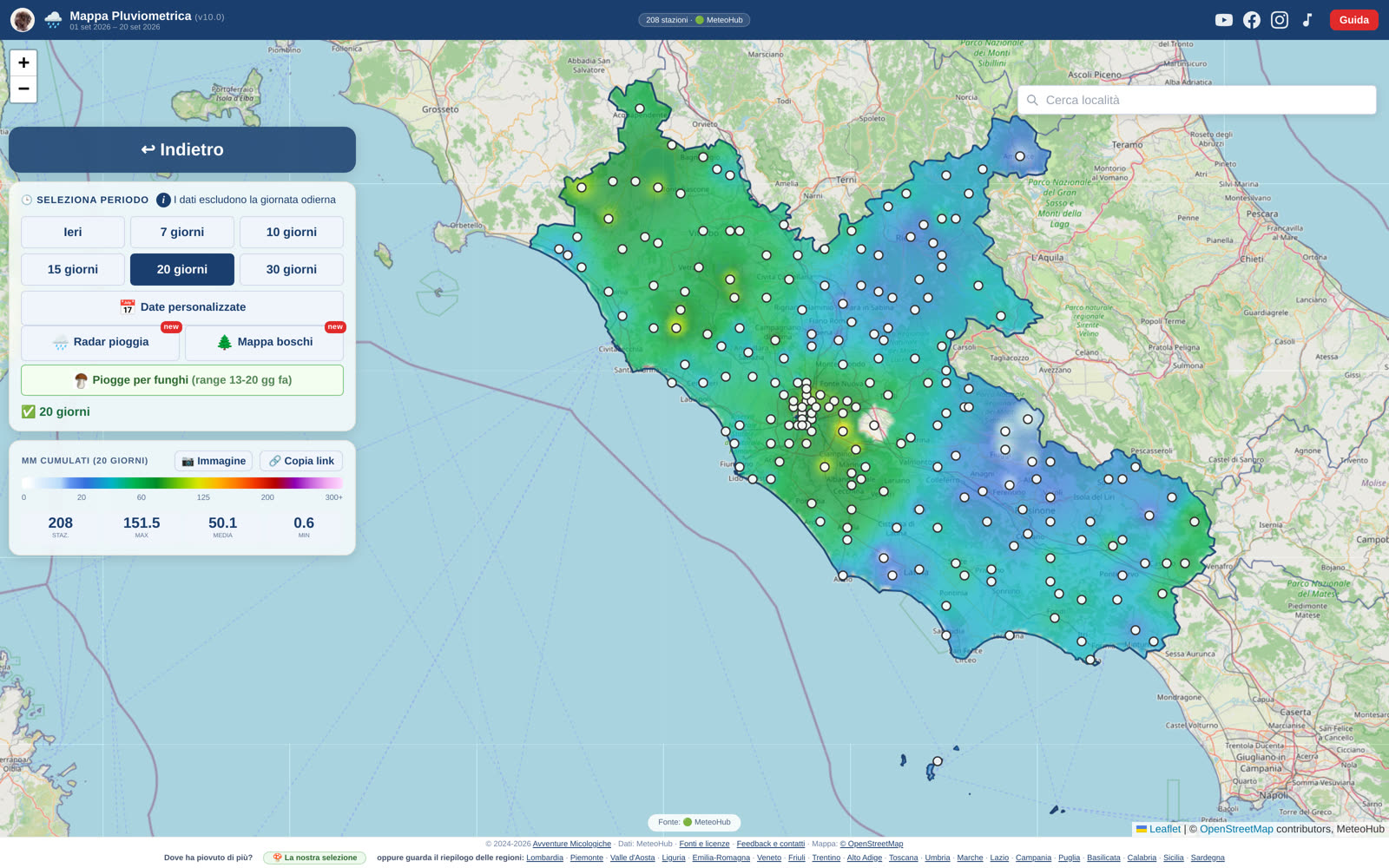 La mappa delle piogge nel Lazio: le zone più bagnate, stazione per stazione