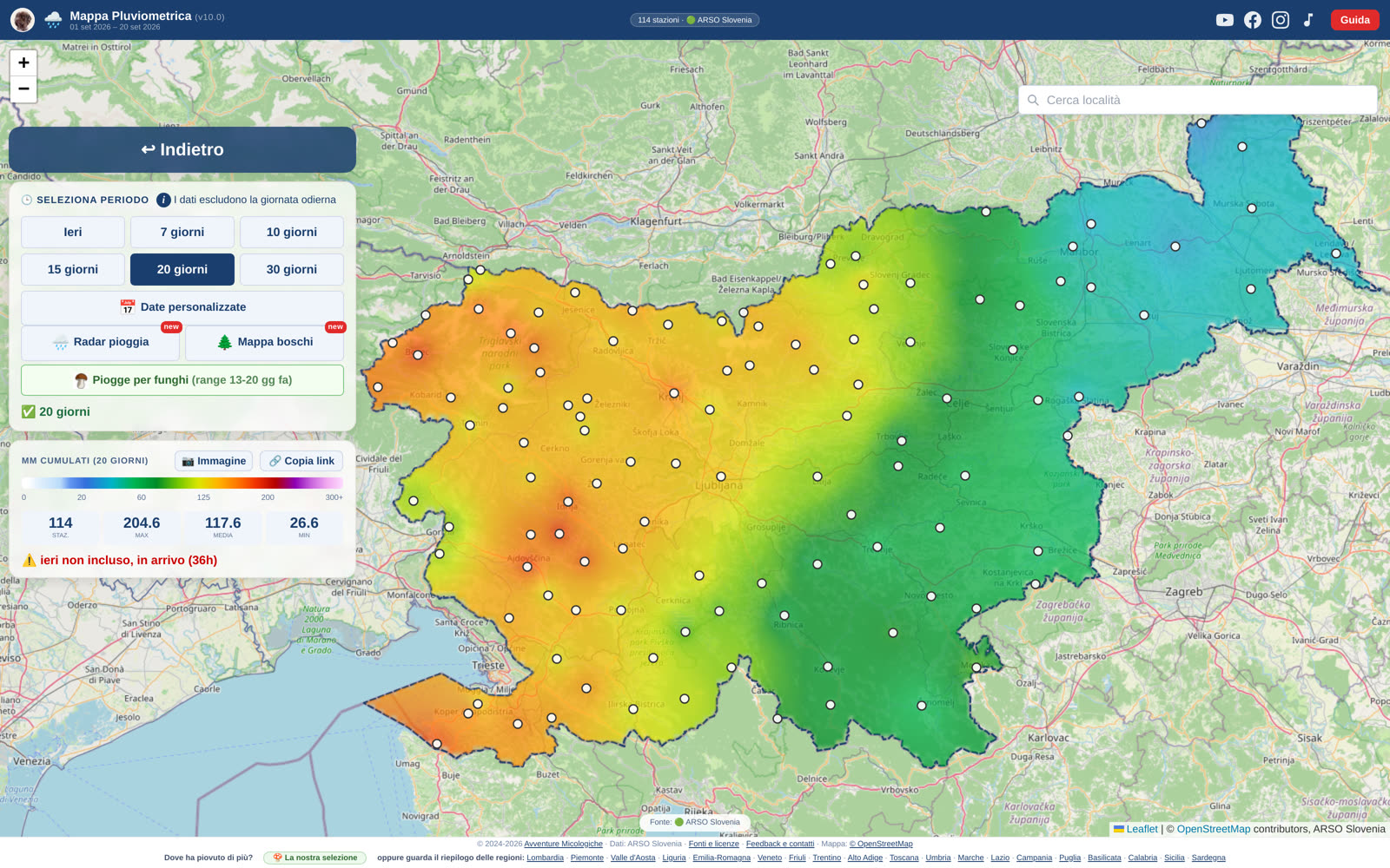 La mappa delle piogge in Slovenia: le zone più bagnate, stazione per stazione
