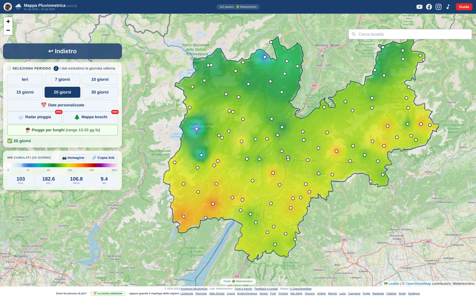 La mappa delle piogge in Trentino: le zone più bagnate, stazione per stazione