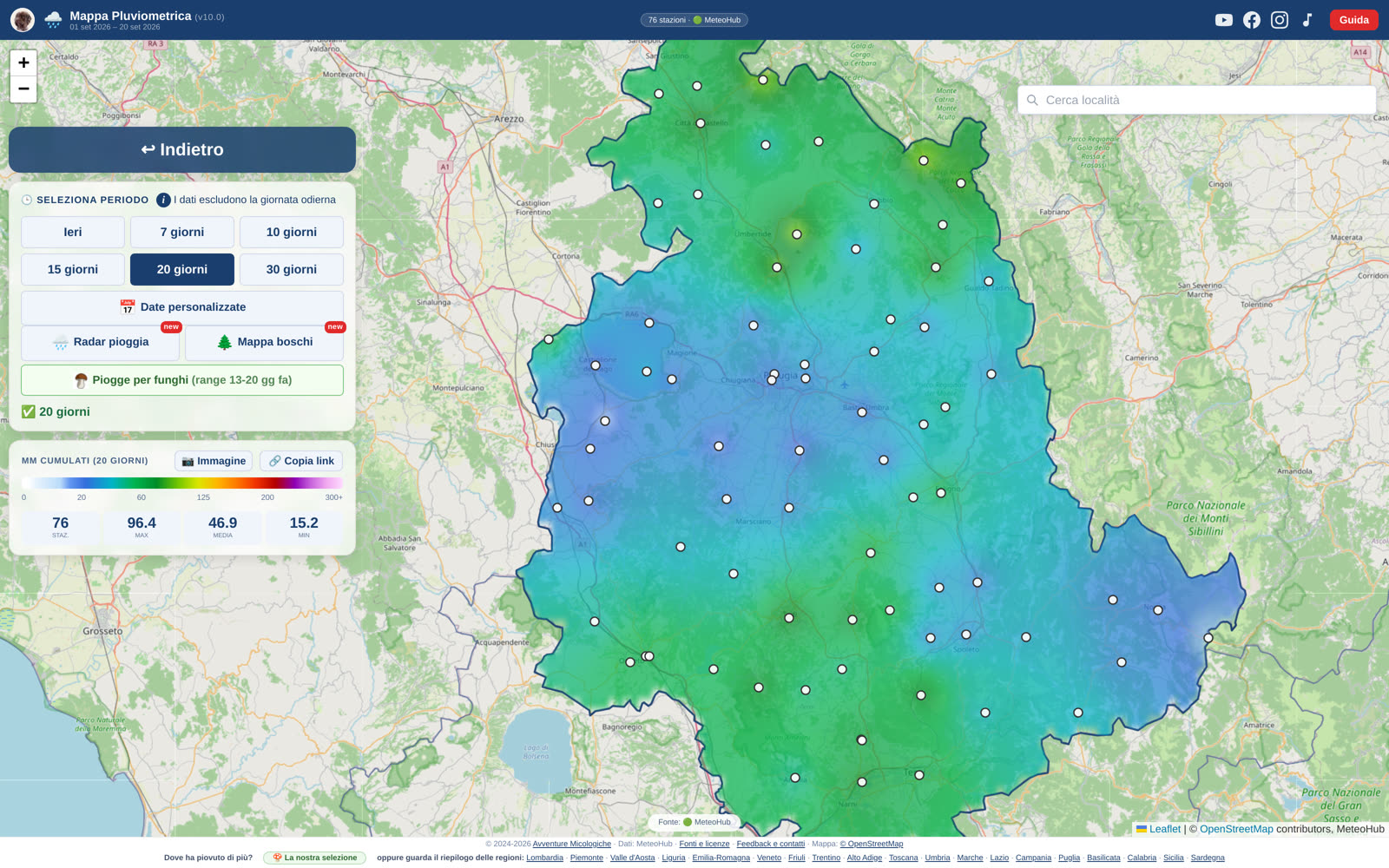 La mappa delle piogge in Umbria: le zone più bagnate, stazione per stazione