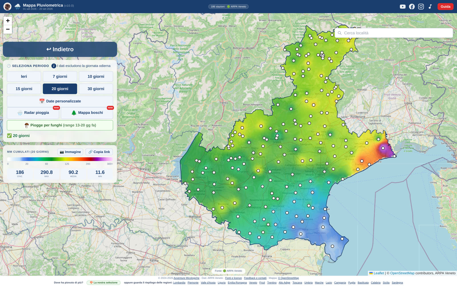 La mappa delle piogge in Veneto: le zone più bagnate, stazione per stazione