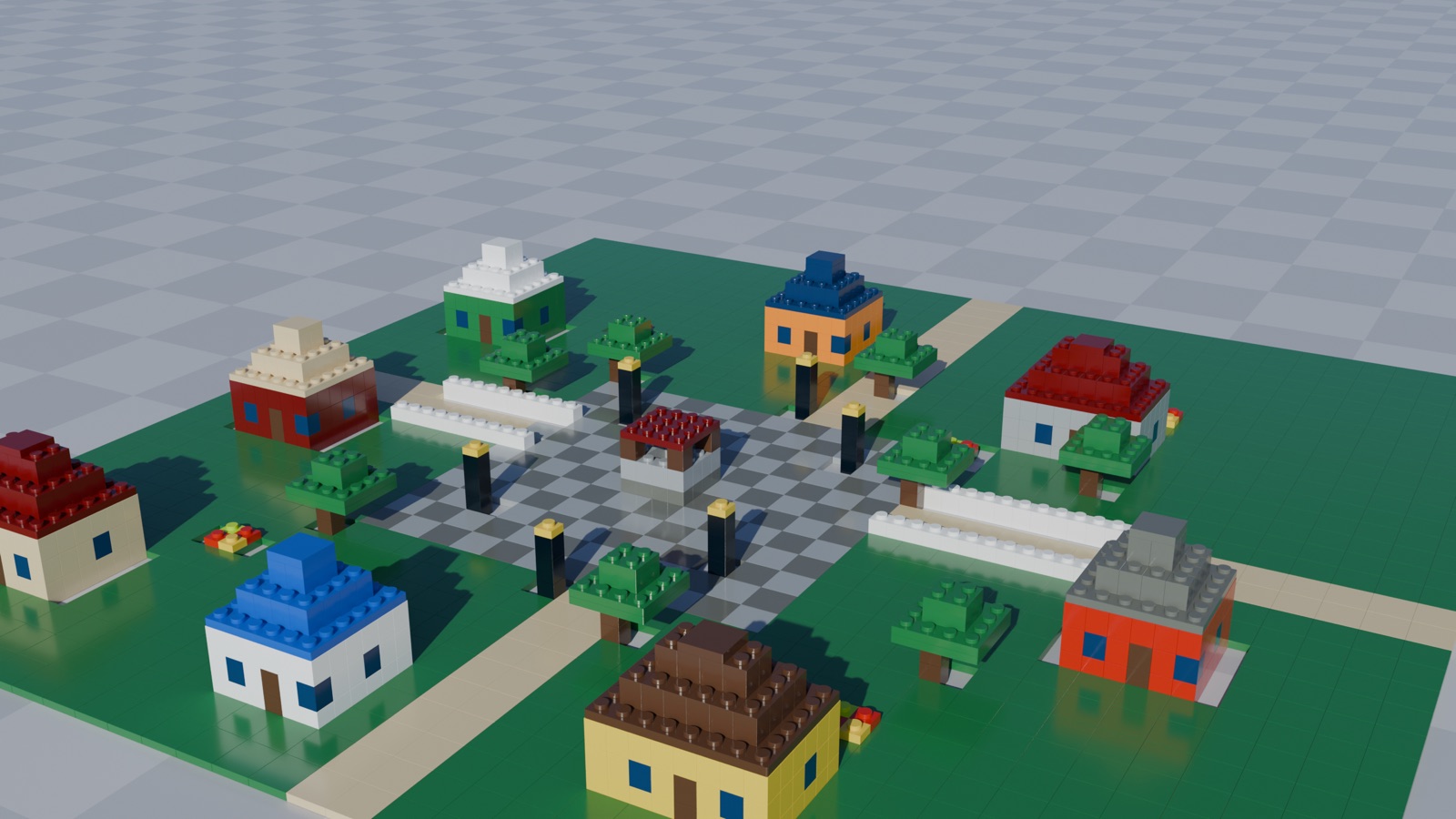 A small Lego village — houses, roads, and trees on a baseplate