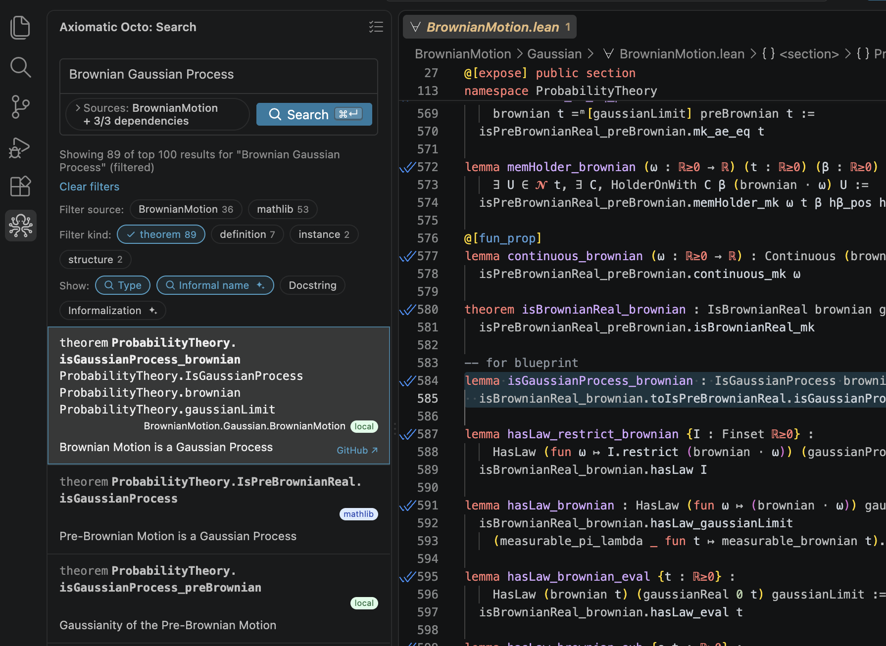 Octo's Search panel in VS Code beside a Lean file. The query 'Brownian Gaussian Process' returns 89 theorems, 36 from the open project and 53 from Mathlib, with the top hit naming Brownian motion as a Gaussian process.