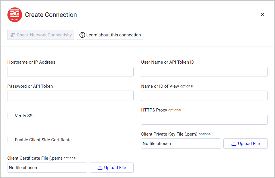 Tanium Asset connection screen