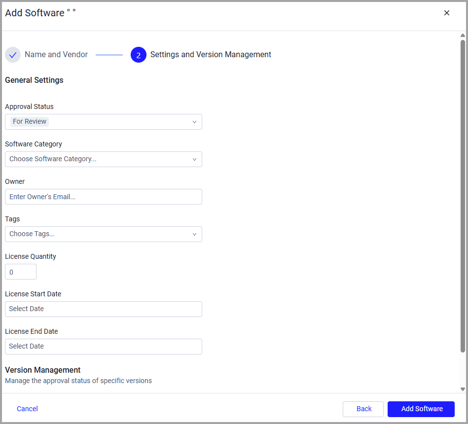 Add Software Settings and Version Managment