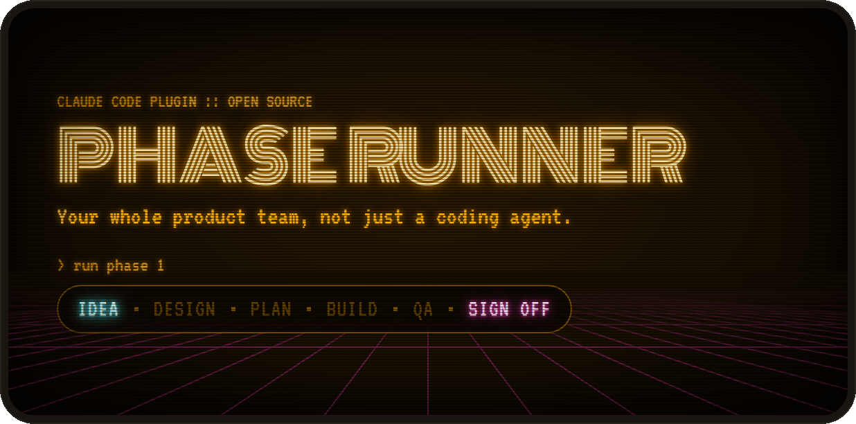 Phase Runner: your whole product team, not just a coding agent. The stages Idea, Design, Plan, Build and QA light up in turn, then Sign off turns green.