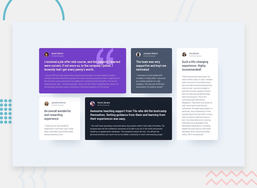 Design preview for the Testimonials grid section coding challenge