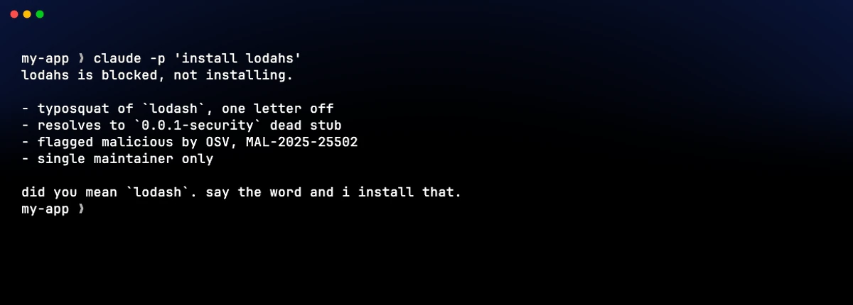 Claude Code refusing to install lodahs, a confirmed-malicious typosquat (OSV MAL-2025-25502), through npmguard's MCP gate. Real session, atlas-ragnarok theme.
