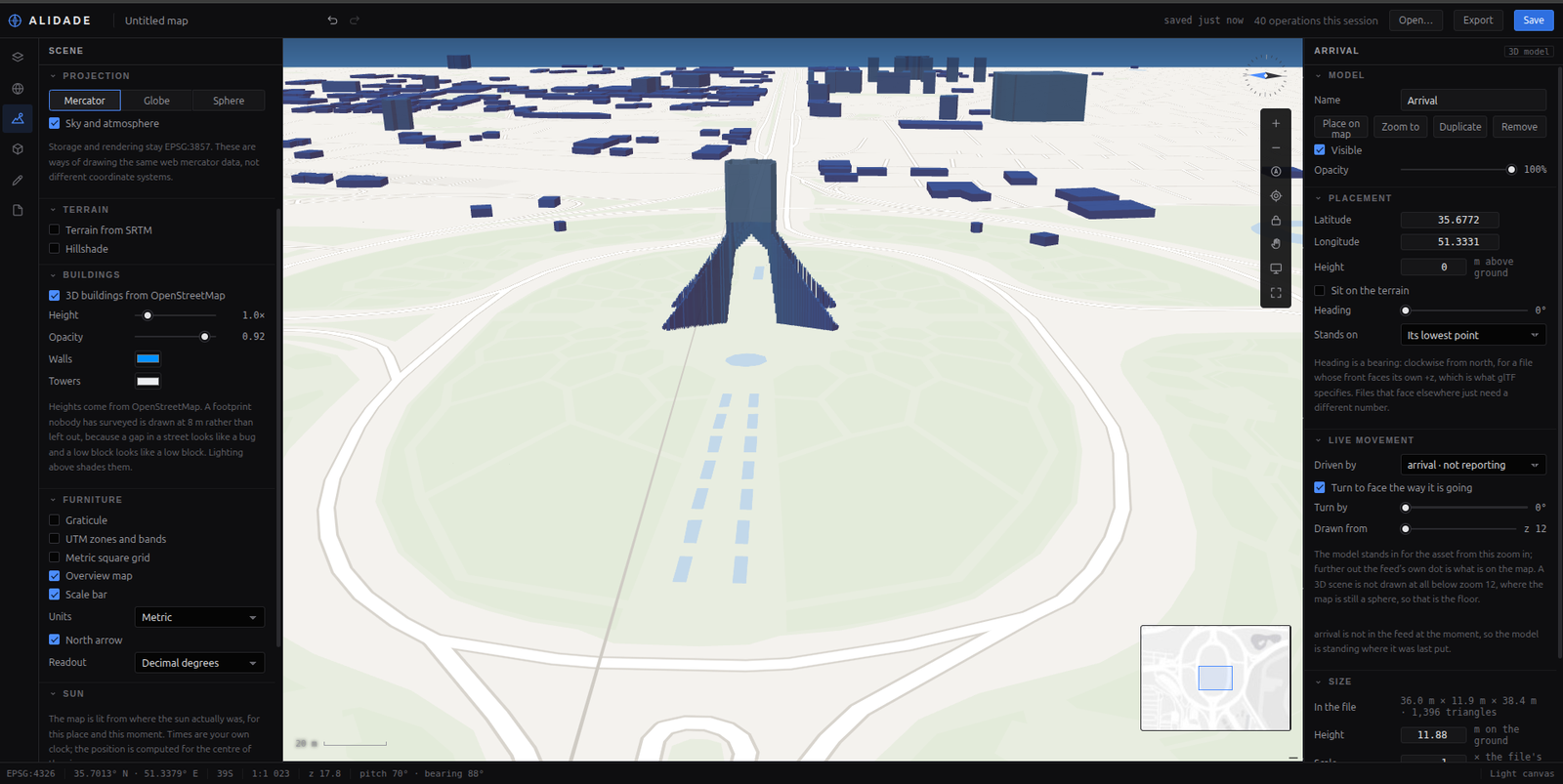 OpenStreetMap buildings raised to their height