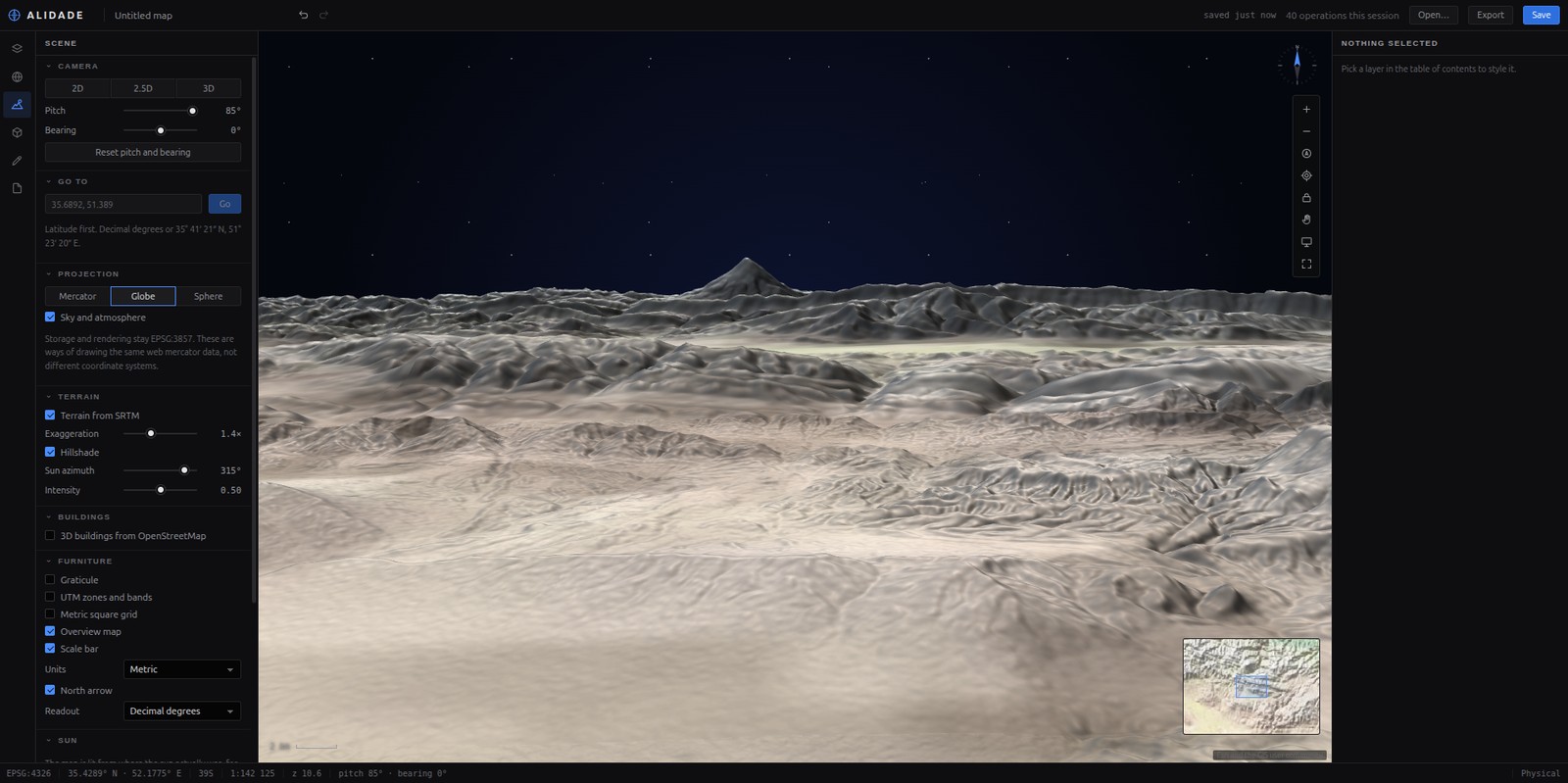 Terrain from SRTM under a night sky, with the scene pane open