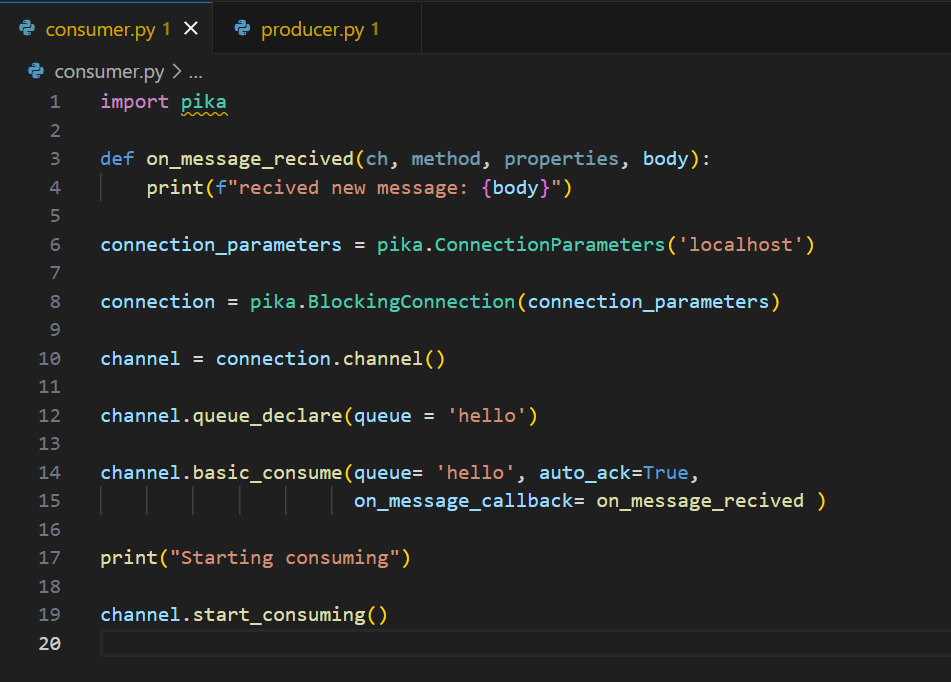Consumer olarak mesajın alındığı Python kodu