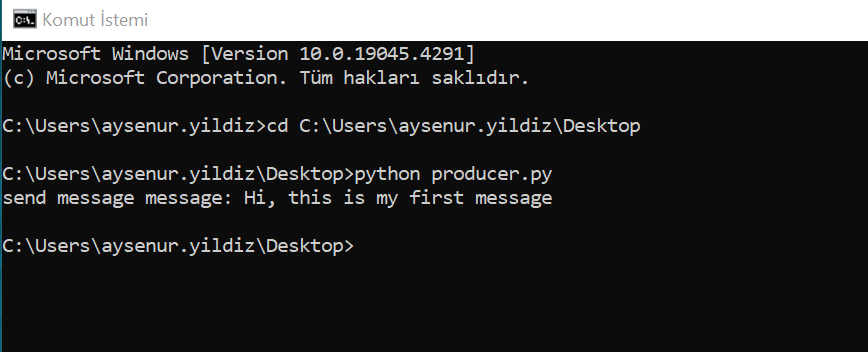  producer.py dosyasının komut istemi ile çalıştırılması