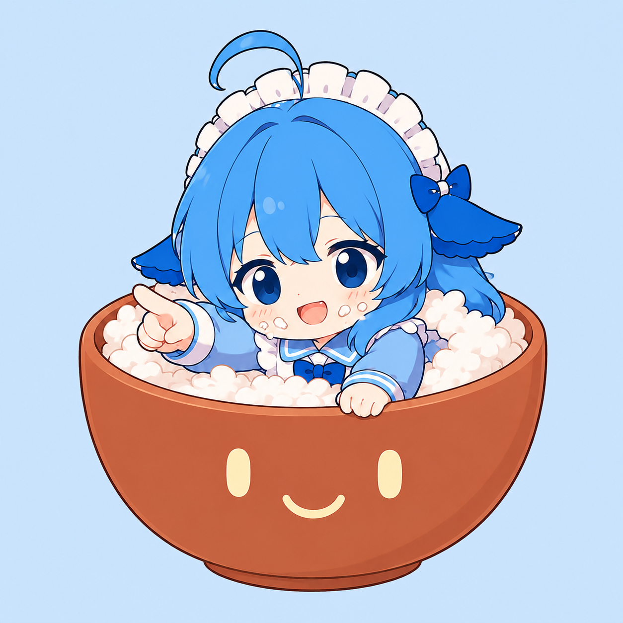 The blue whale girl pointing forward from a smiling Miffan rice bowl, with rice grains on her cheeks