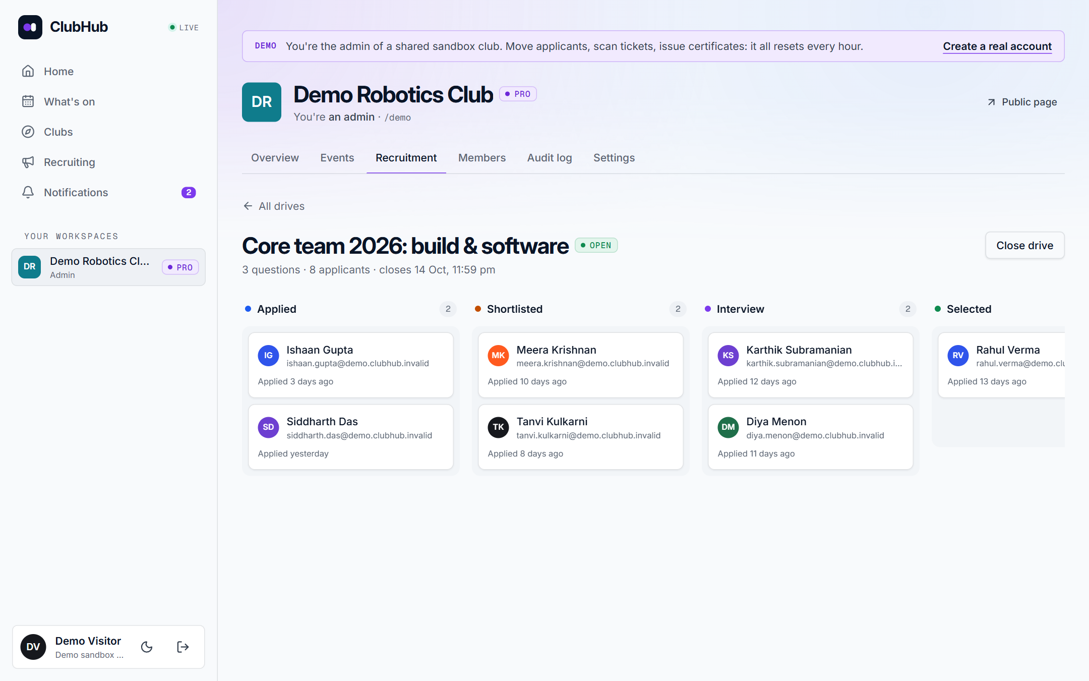 ClubHub recruitment pipeline