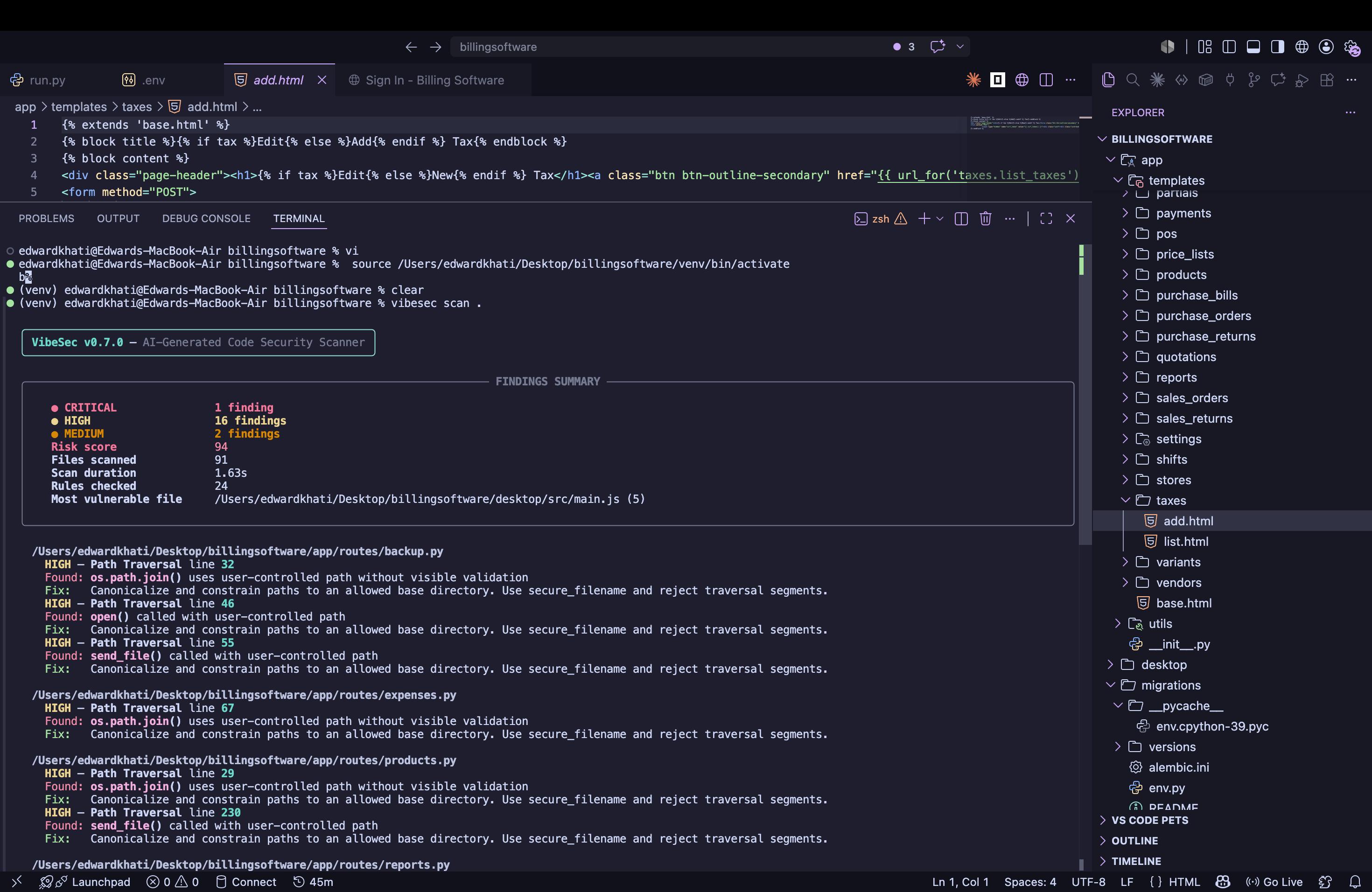 VibeSec v0.7.0 terminal scan showing command injection, path traversal, open redirect, and JavaScript path findings in a billing software project