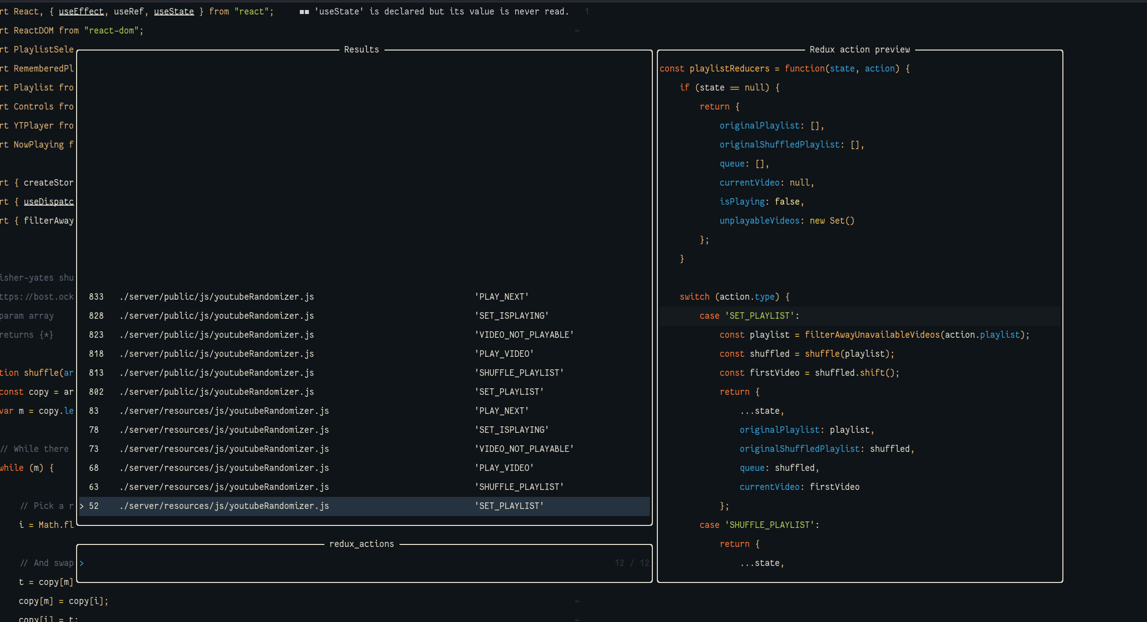 Displays example of action definition listing in telescope