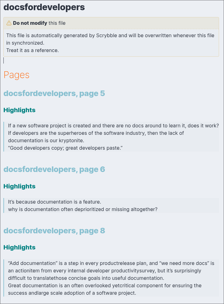 A markdown page for the eBook "Docs for developers", showing quotes about the importance of documentation