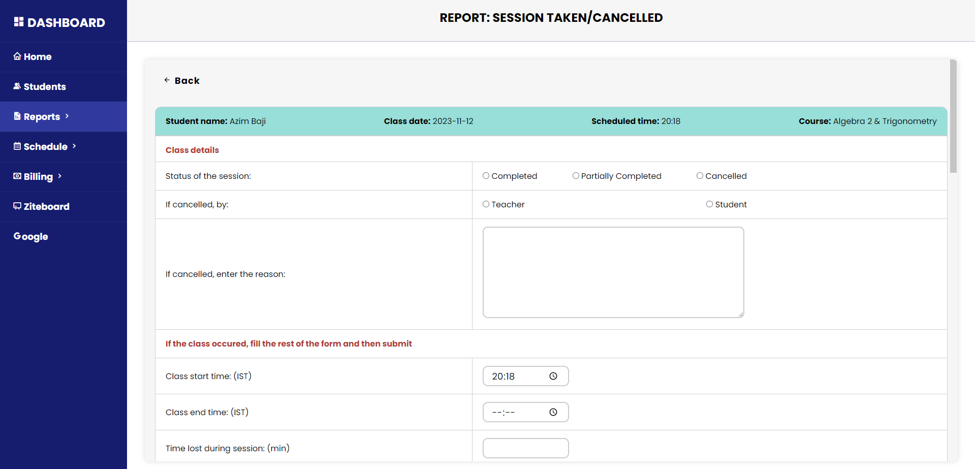 Individual session report filling